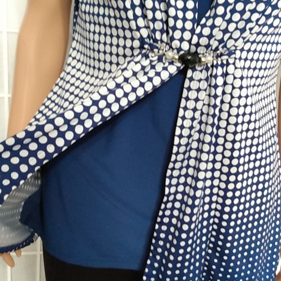 NOTATIONS Women's Navy White Polka Dot Faux Wrap Tunic Top Size S Short Sleeve - Picture 5 of 15